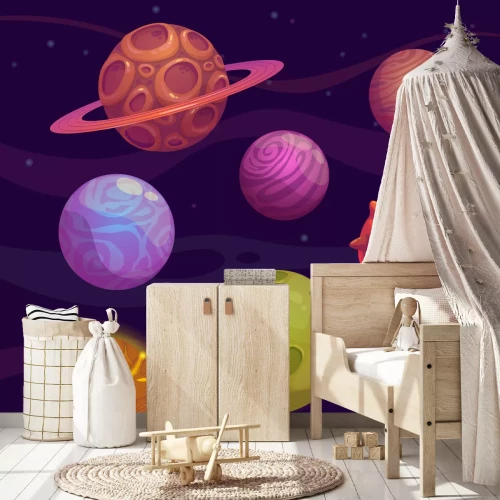 Fotobehang Cartoon planeten op paarse achtergrond