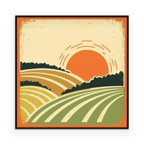 Poster Een landelijk landschap met velden in retrostijl.