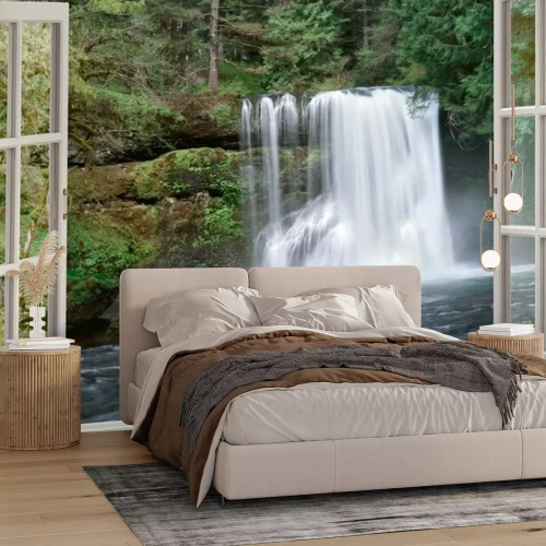 Fotobehang Uitzicht op de waterval vanuit een open raam