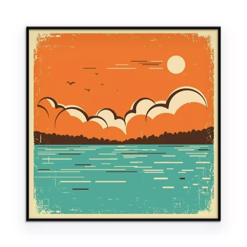 Poster Een retro landschap met een meer als centraal element.