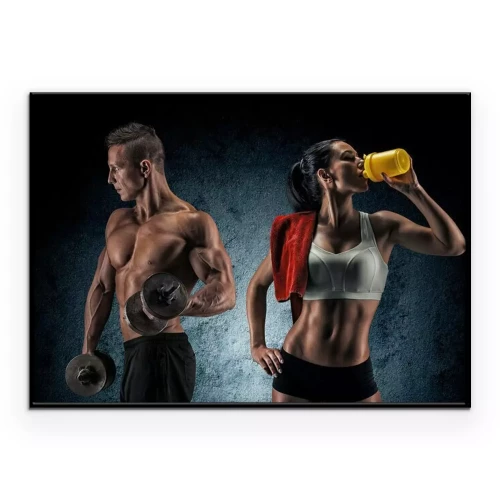Poster Atletische man en vrouw met een dumbells.