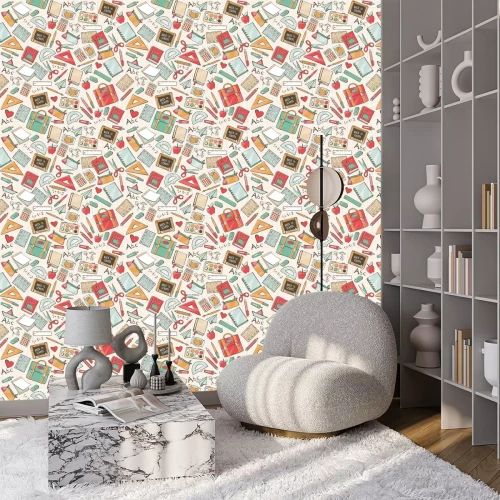 Behang Kleurrijk patroon met schoolbenodigdheden