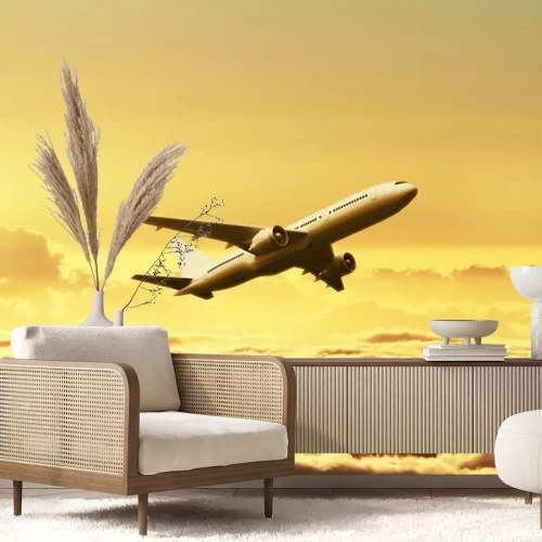 Fotobehang Een vliegtuig in de lucht bij zonsondergang