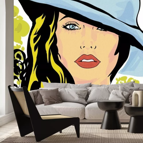 Fotobehang Een vrouw met een hoed in een stripboekillustratie