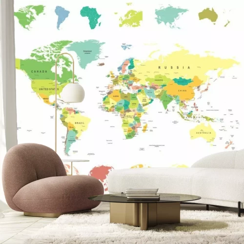 Fotobehang Een kleurrijke wereldkaart verdeeld in continenten