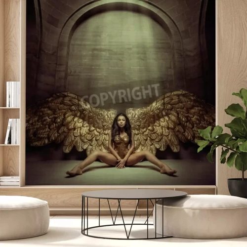 Fotobehang Een sensuele engel met gouden vleugels