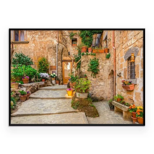 Poster Een charmant stenen gebouw met bloempotten en klimplanten tegen de muur.