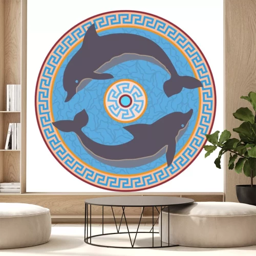 Sticker Rozet met twee dolfijnen. Minoan stijl.