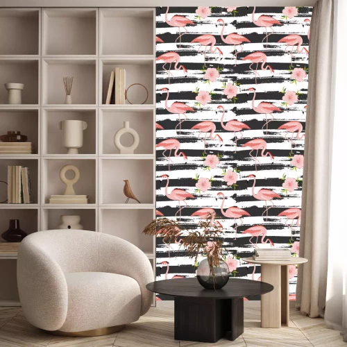 Behang Roze flamingo's en zwart-witte strepen
