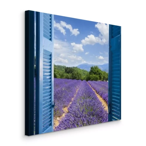 Canvas Uitzicht door de houten luiken op een lavendelveld