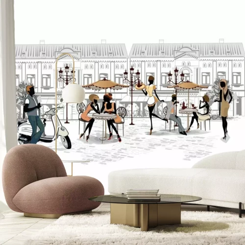 Fotobehang Geïllustreerde weergave van een straatcafé met mensen