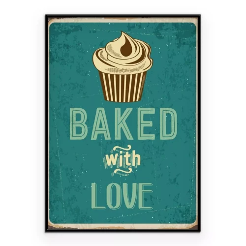 Poster Vintage afbeelding met een cupcake en de tekst "Gebakken met liefde".