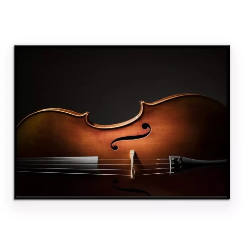 Poster Een cello die horizontaal op een zwarte achtergrond ligt.