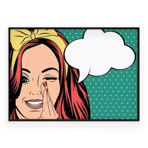 Poster Stripfiguurmeisje met een tekstballon die een geheim onthult