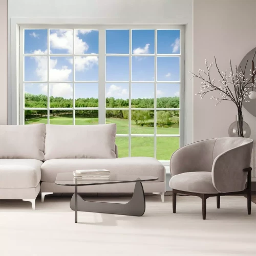 Fotobehang Modern woonraam met uitzicht op het meer