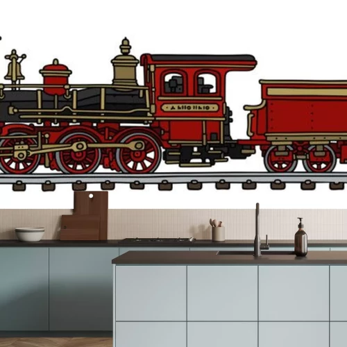 Sticker Old red american steam locomotive / Hand drawing, vector illustration