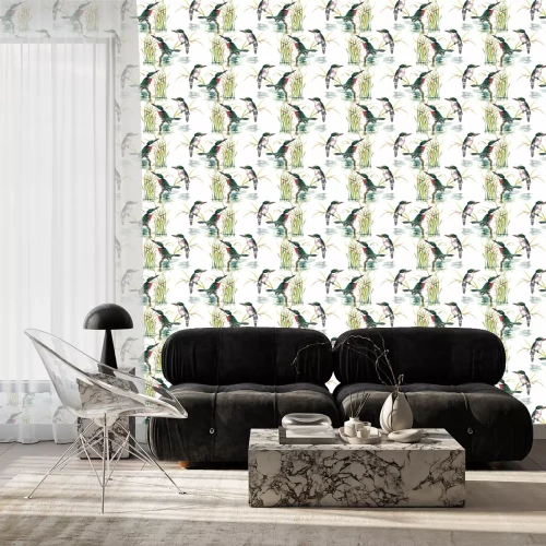 Behang Aquarel Wild exotische vogels op bloemen naadloze patroon op