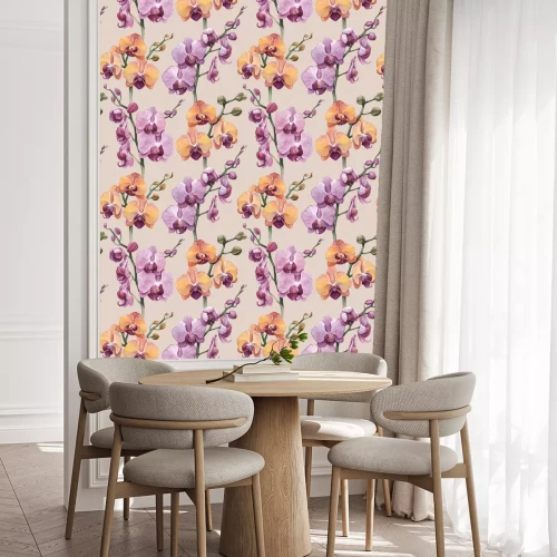 Behang Paarse en oranje orchideeënbloemen