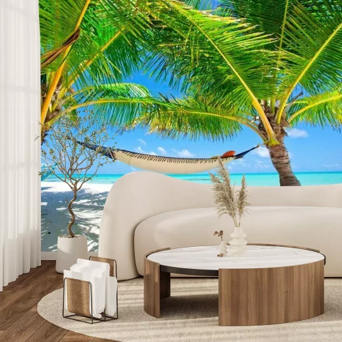Fotobehang Palmbomen, hangmat en de zee