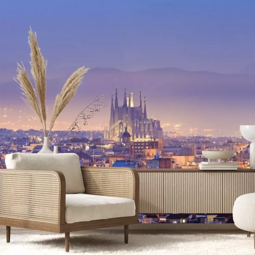 Fotobehang Barcelona bij schemering, uitzicht van bovenaf