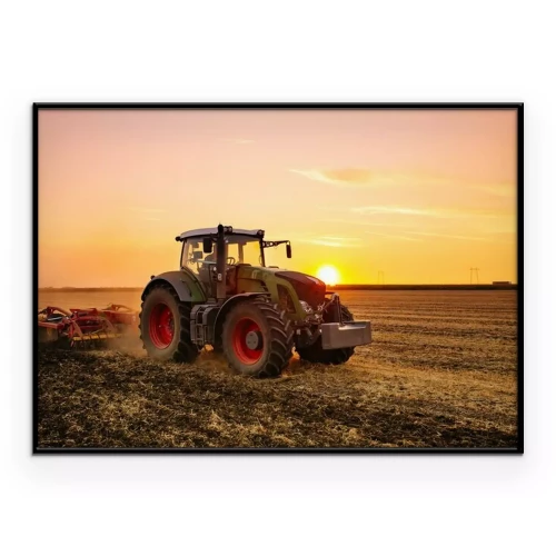 Poster Tractor in een gerstveld bij zonsondergang