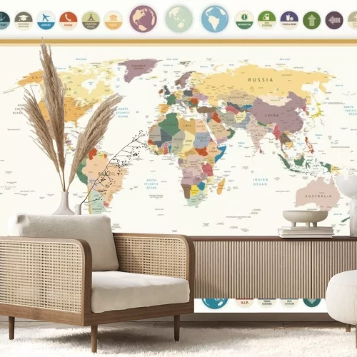Fotobehang Politieke wereldkaart in het Engels met symbolen