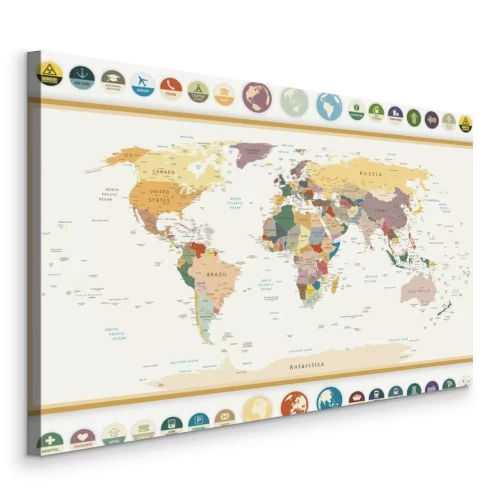 Canvas Politieke wereldkaart in het Engels met symbolen