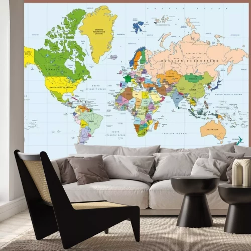 Fotobehang Gedetailleerde politieke kaart van de wereld met landnamen