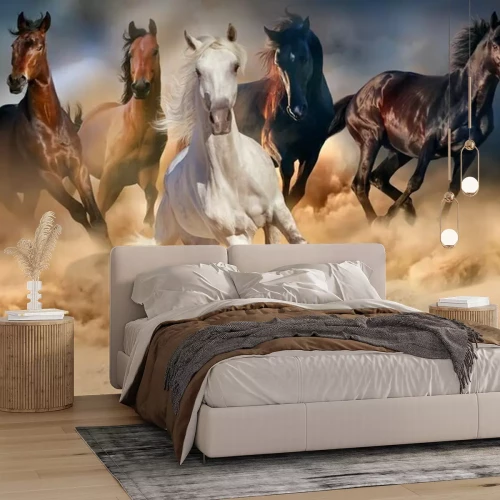 Fotobehang Horse herd run in desert sand storm against dramatic sky