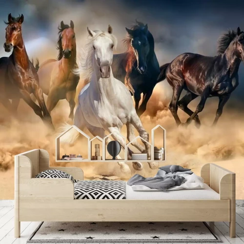 Fotobehang Horse herd run in desert sand storm against dramatic sky