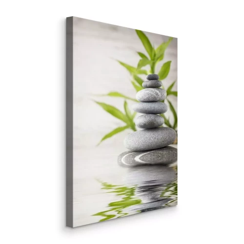 Canvas Spa stenen op het water met bladeren op de achtergrond