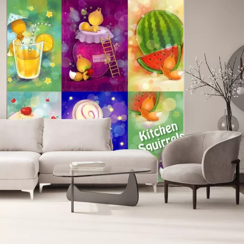 Sticker Set van kaarten met kleine eekhoorns in de keuken.