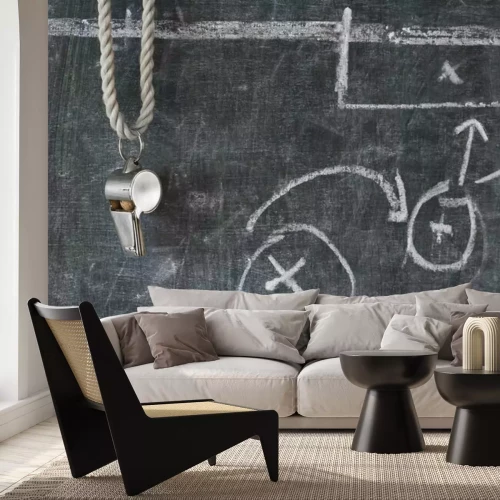 Fotobehang Een diagram van een voetbalwedstrijd getekend met krijt op een schoolbord