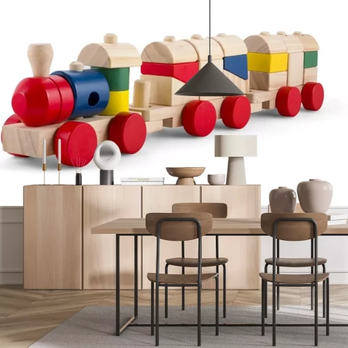 Sticker Houten speelgoed trein met kleurrijke blokken geïsoleerde over wit