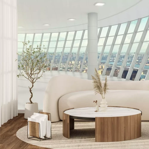 Fotobehang Een kamer met ramen en uitzicht op de stad