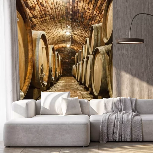 Fotobehang Eikenhouten vaten in de ondergrondse kelder