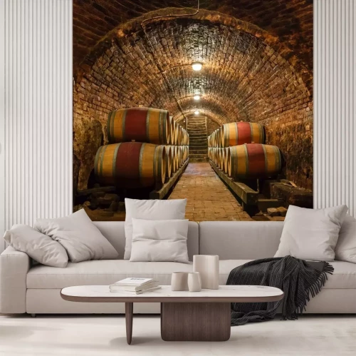 Fotobehang Eikenhouten vaten in de ondergrondse kelder
