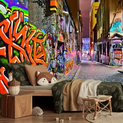 Fotobehang Uitzicht op kleurrijke graffitikunstwerken op Hosier Lane in Melbourne