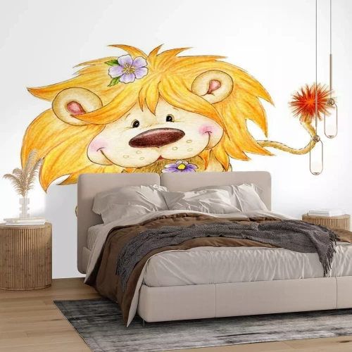 Sticker Leeuw cartoon leeuw met bloemen in de manen