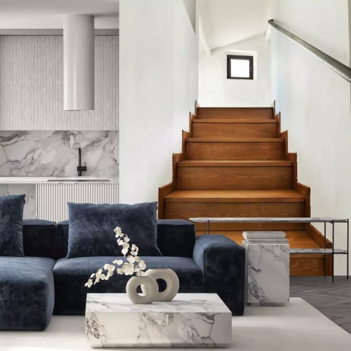 Fotobehang Interieur rustiek huis, houten trap uitzicht