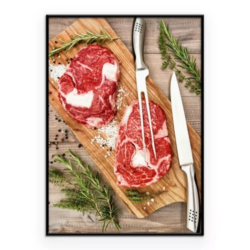 Poster Rauwe ribeye steaks tentoongesteld op een houten plank.