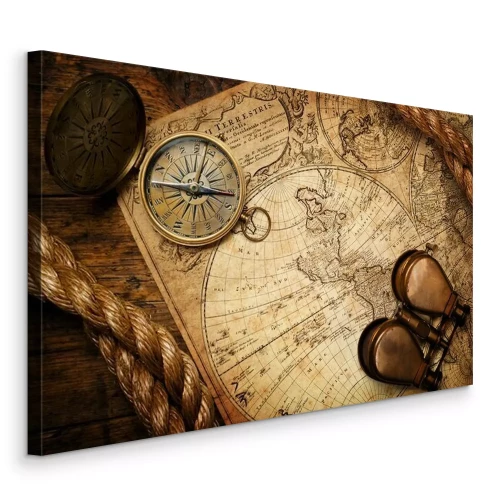 Canvas Oud kompas, verrekijker en touwen op een vintage wereldkaart