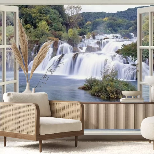 Fotobehang Een raam met uitzicht op een grote waterval