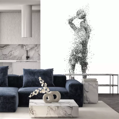 Fotobehang Silhouet van een basketballer gemaakt van zwarte stippen