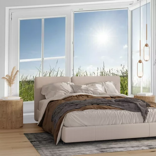 Fotobehang Witte half open raam met zon