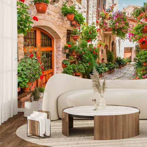 Fotobehang Straat in kleine stad in Italië in de zomer, Umbrië