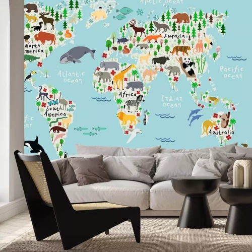 Fotobehang Wereldkaart met dieren
