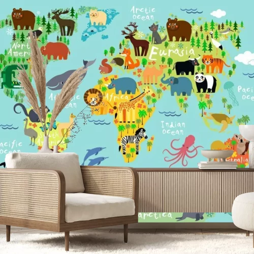 Fotobehang Sprookjesachtige dieren op een kleurrijke wereldkaart