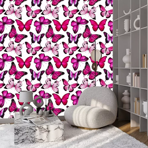 Behang Grote roze vlinders op een witte achtergrond