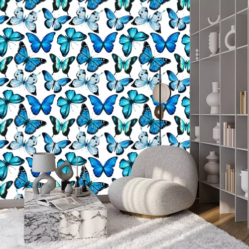 Behang Blauwe grote vlinders op een witte achtergrond